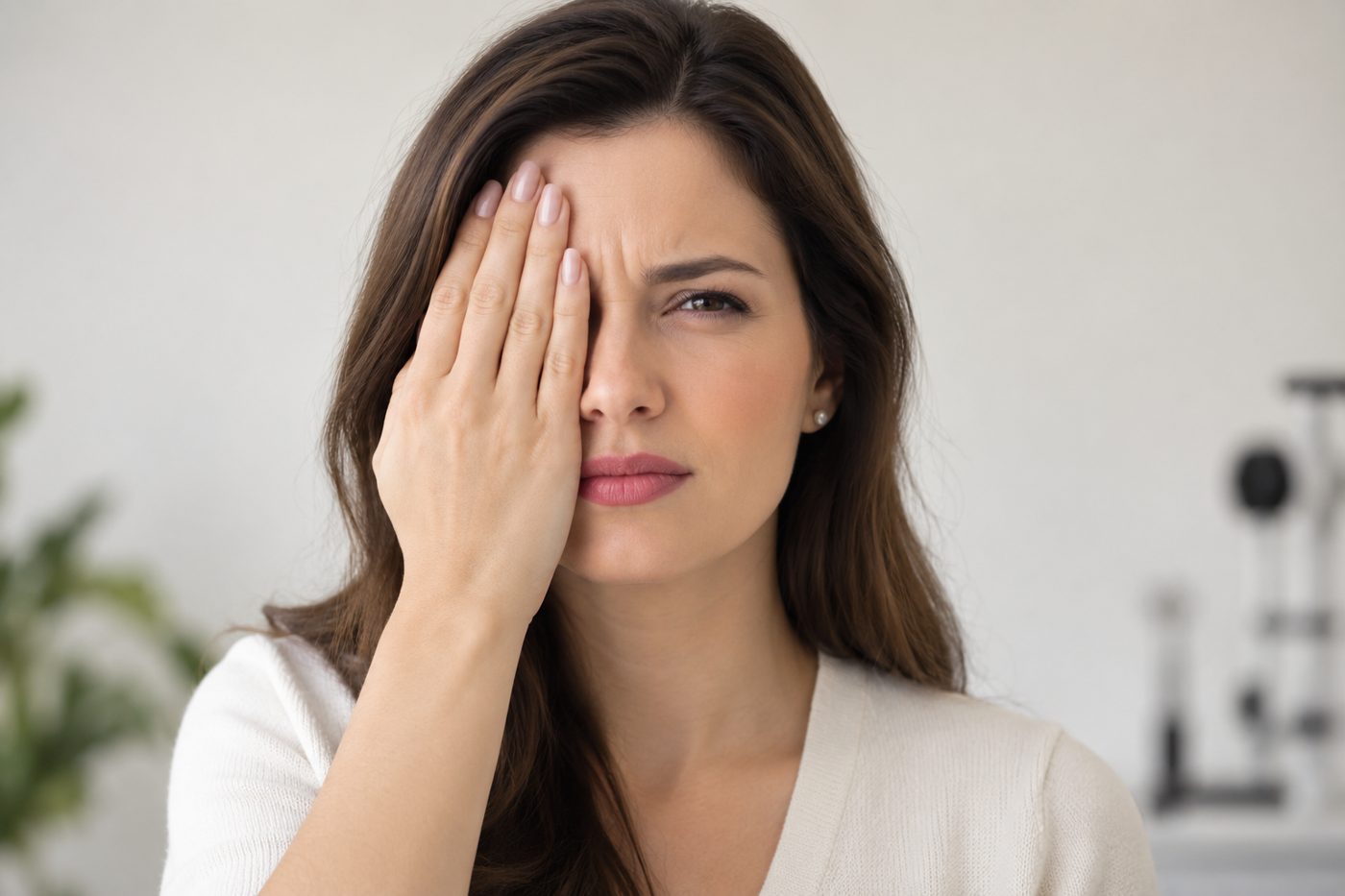 Mulher cobrindo um dos olhos com a mão.